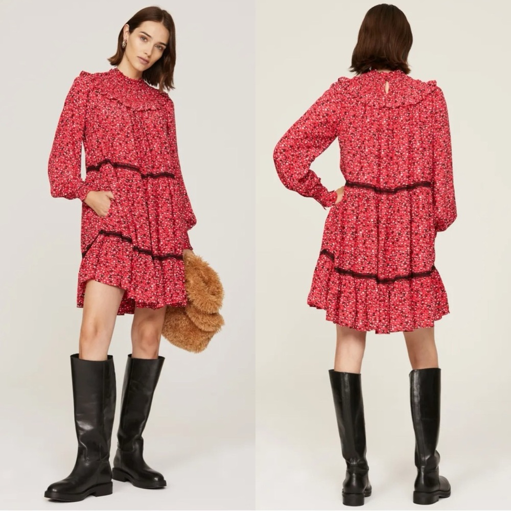 Scotch & Soda Red Smocked Long Sleeve Dress Sz M EUC